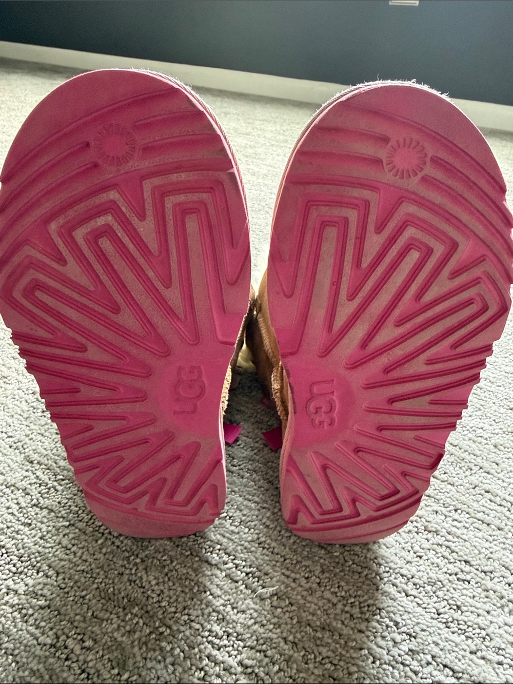 UGG Kids Chestnut Sheepskin Boots with Pink Ribbon Accents - Picture 5 of 5